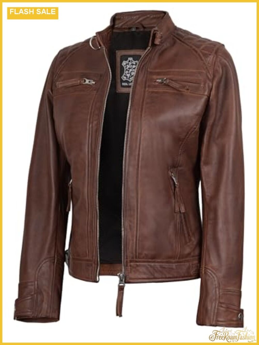 Real Lambskin Leather Cafe Racer Moto Biker Jacket Quilted Zip-Up